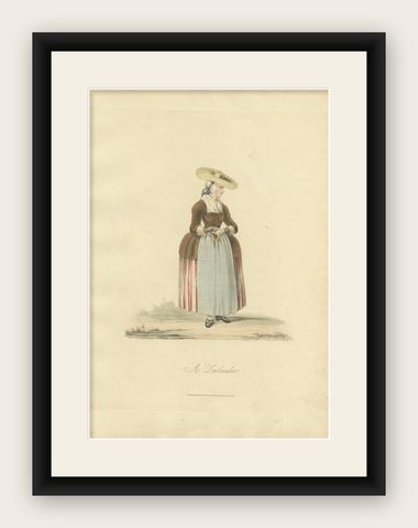 Antique Costume Print, Depicting a Dutch Woman in Zeeland, 1817, shown framed