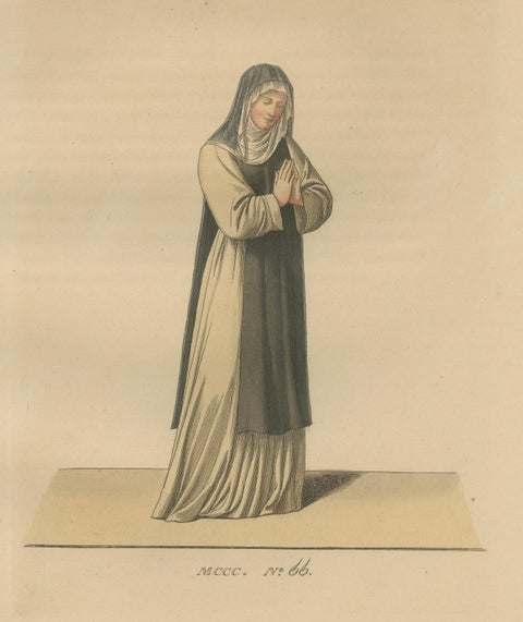 Servant, Dominican Nun and Young Lady in Traditional Italian Dress - 1845 Print, close-up 3