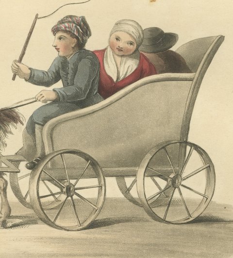 Children going to School in a Goat Cart, Antique Print, 1817, close-up 2
