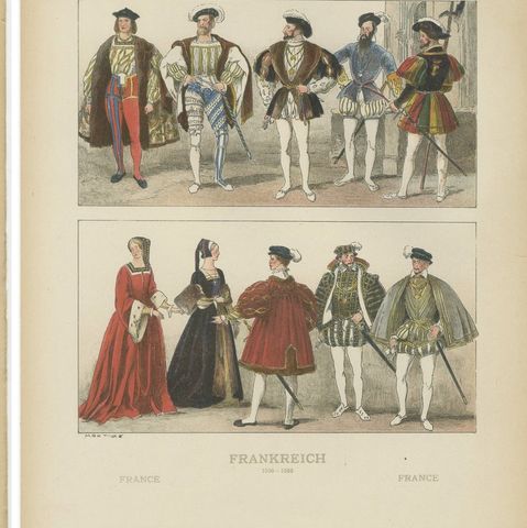 French Renaissance Costumes 1500s, Set of 6 Antique Prints, Published in 1880, close-up 1