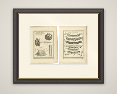 1757 Native American Tribal Adornments, Feathered Headdresses, Belts & Jewelry, shown framed