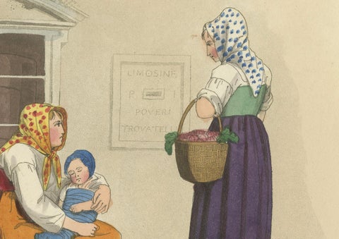 Costume Print: Women and Children in Pisa, 1820s Hand-Colored Engraving, close-up 2