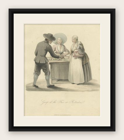 Old Costume Print Showing People at the Fair in Rotterdam, The Netherlands, 1817, shown framed