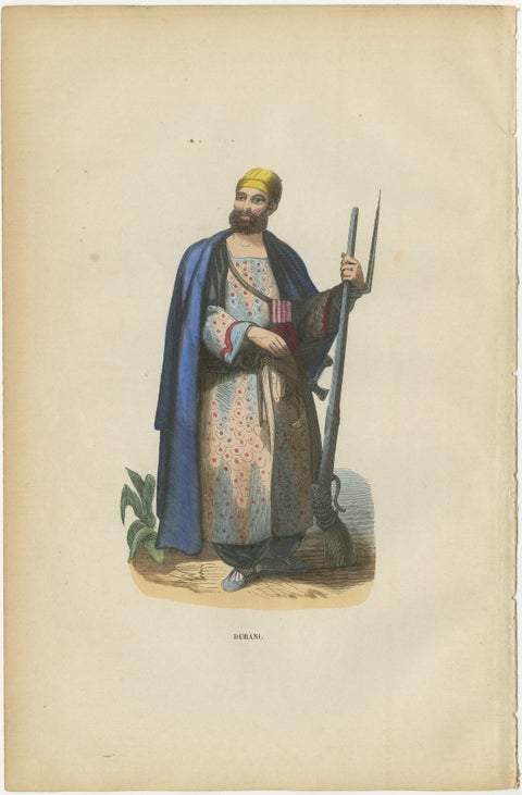 Antique Durrani Afghan Warrior Print, Hand-Colored Costume Lithograph 1852