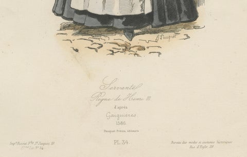 Antique French Costume Print of a Servant in Medieval Dress, 19th Century, close-up 1