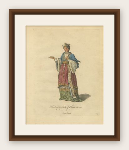 Lady of China in Elegant Court Dress, Antique Print, Jefferys, 1749, shown framed