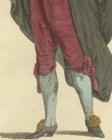 English Gentleman in 1640, Crimson Suit and Black Cloak, Jefferys Print, 1757, close-up 3
