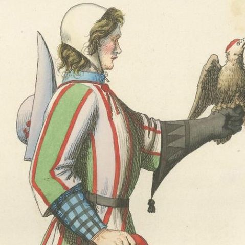 15th Century Falconry Costume, Falconer with Hawk, Antique Print 1845, close-up 5