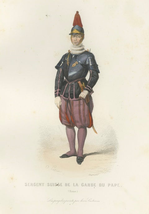 Three Antique Rome Trades & Costume Engravings, Papal Guard & Merchants, 1850, close-up 2