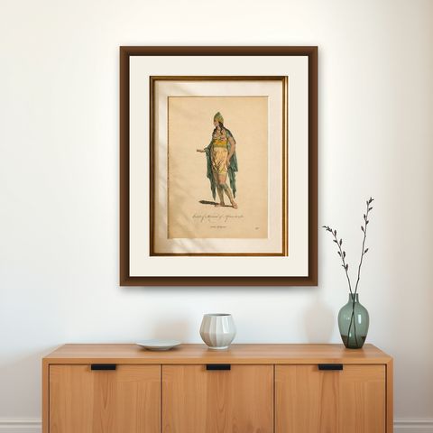 Habit of a Woman of Africa in 1581, Early Ethnographic Costume Engraving, 1749, shown framed on a wall
