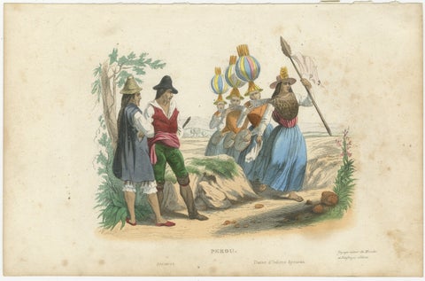Original Antique Costume Print of Peru, Arrieros & Aymara Dance, c.1840, view 2
