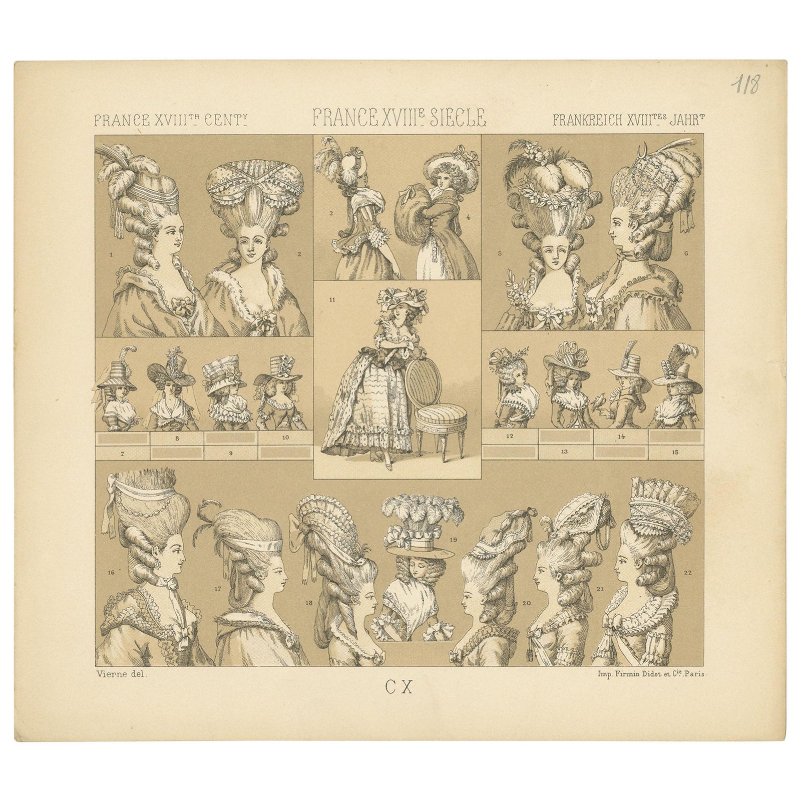 Antique Print of French 18th Century Women's Hats by Racinet