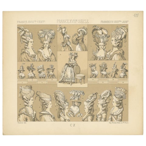 Antique Print of French 18th Century Women's Hats by Racinet