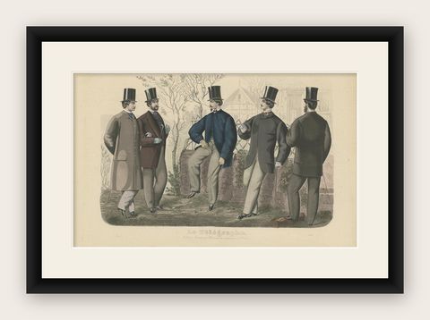 Antique Fashion Print of Men and Women Illustrating the Fashion Trends of 1865, shown framed