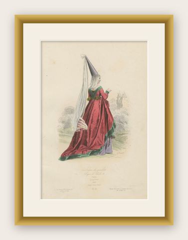 Antique French Costume Print of a Noble Lady in Medieval Attire, 19th Century, shown framed