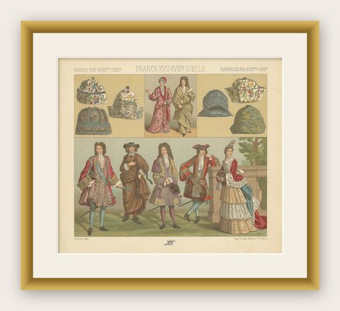 Pl. 108 Antique Print of French 17th-18th Century Costumes by Racinet, shown framed