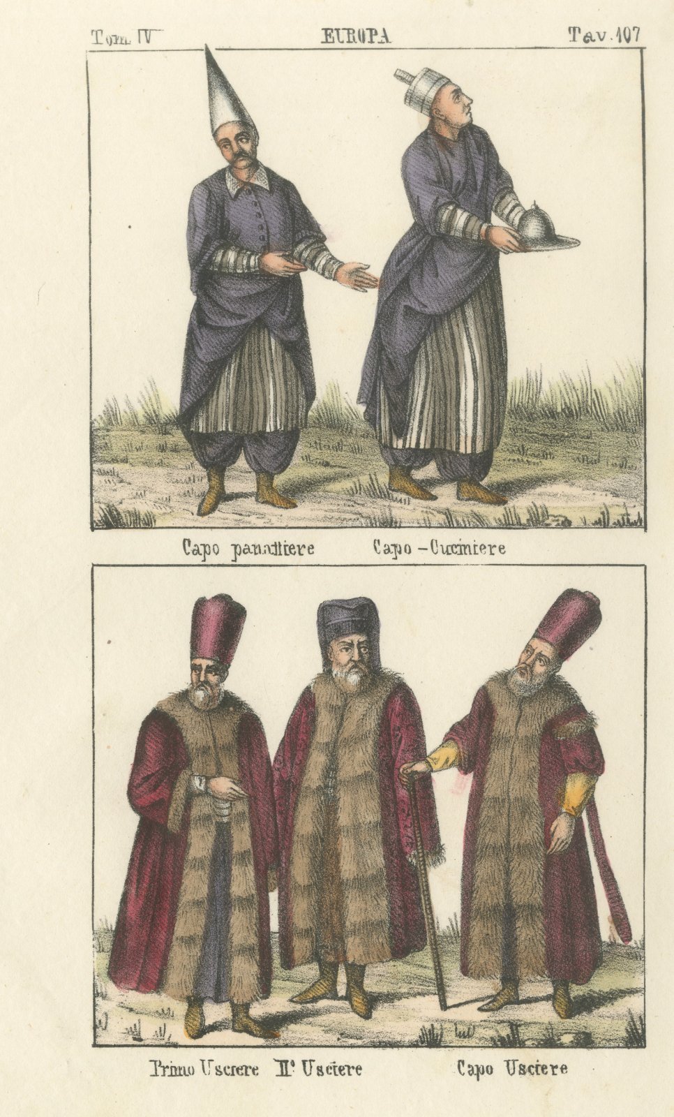 Chief Baker, Head Cook and Ushers in Fur Lined Robes, Hand Colored Print, 1842