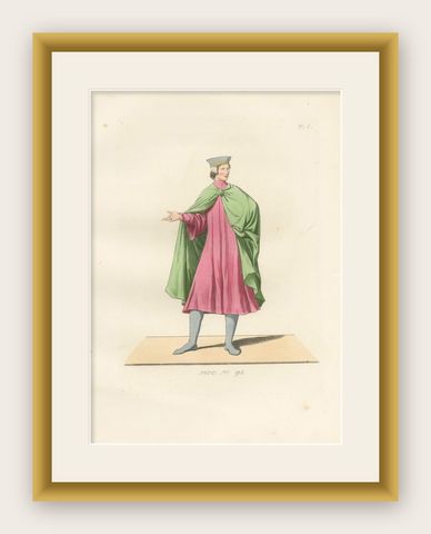 Historic Costume Print 1845, Renaissance Youth in Tunic and Cloak, shown framed