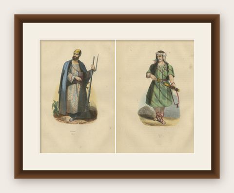 Cultural Warriors: Traditional Attire of Iranian and Afghan Tribes, 1844, shown framed