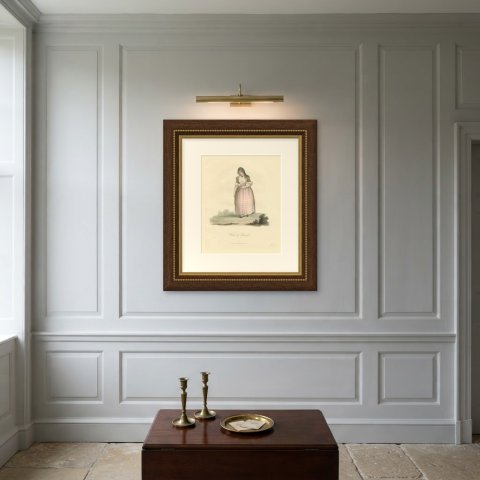 Woman of Broeck, Dutch Regional Dress, Antique Ackermann Print, 1817, shown framed on a wall