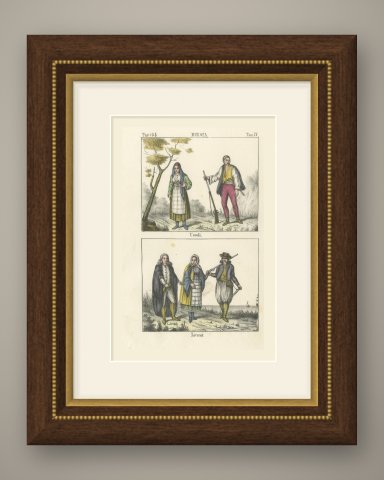 Uskoks and Licani, Croatian Costumes, Hand Colored Lithograph, 1842, shown framed