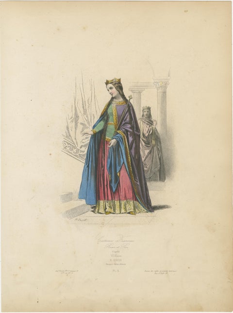 Regal Antique French Costume Print of a Queen, Hand-Coloured in the 19th Century, view 2