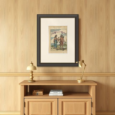 Florida Indians, Couple in Traditional Dress, Mallet America Engraving, 1683, shown framed on a wall