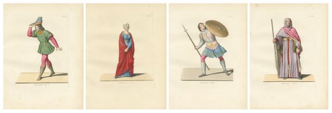 Set of Four Medieval Costume Figures, Hand-Colored Engravings, France 1845, view 4