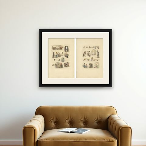 Hand-Colored Prints of Dutch and Flemish Costumes, Figures and Headwear, 1820, shown framed on a wall