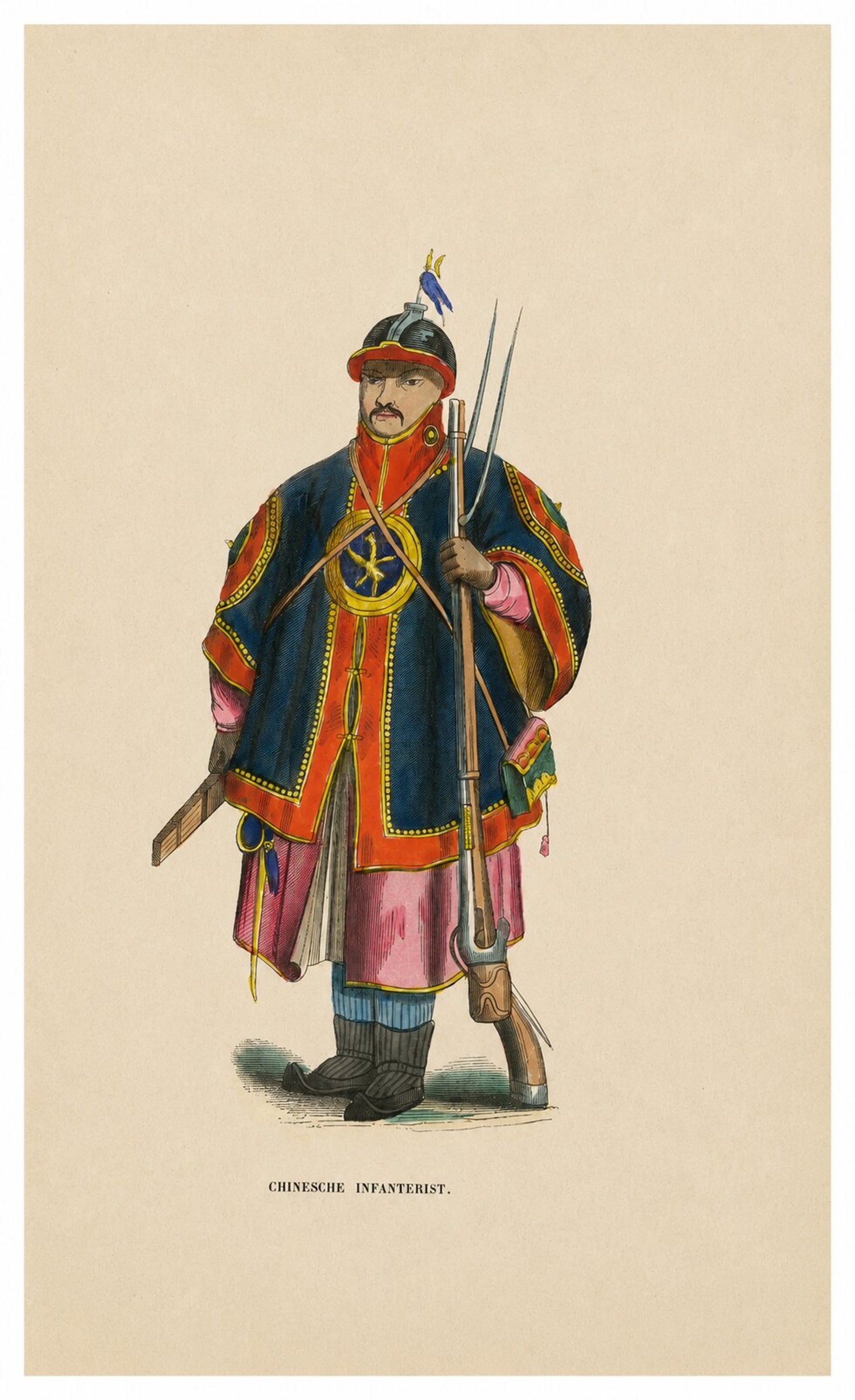 Chinese Infantry Soldier Costume Print, Hand-Colored Military Plate, 1854