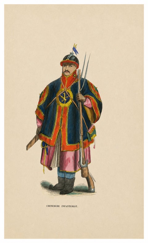 Chinese Infantry Soldier Costume Print, Hand-Colored Military Plate, 1854