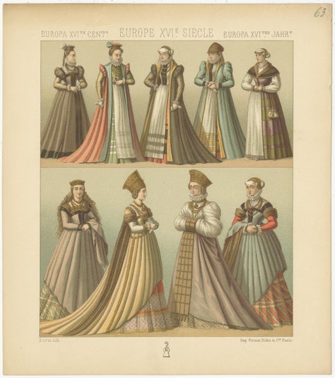 Pl. 63 Antique Print of European 16th Century Costumes by Racinet, circa 1880, view 3