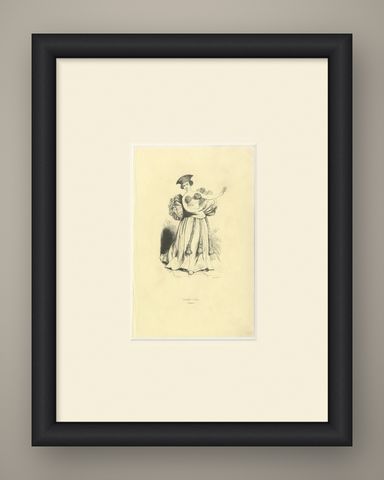 Dancer at Tahiti, Antique Wahlen Costume Print, 1843-1844, shown framed