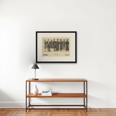 Antique Fashion Print Published in December, 1898, shown framed on a wall