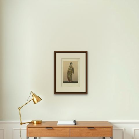 A Stunning Lithograph Showcasing a Japanese Lady Dressed in Kimono, 1884, shown framed on a wall