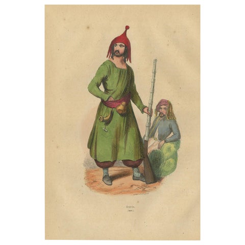 Kurdish Warrior in Traditional Attire from 19th Century Lithograph