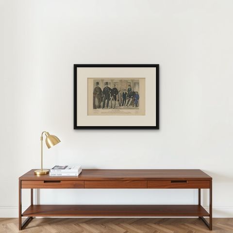 Decorative Antique Fashion Print, 1878, shown framed on a wall