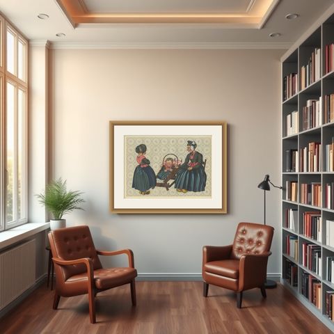 Charming Dutch Folk Art Print of Staphorst Mother and Children in Costume, 1932, shown framed in a room
