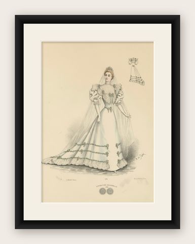 Victorian Bridal Elegance: Exquisite Wedding Gowns in Lithograph, 1889, shown framed
