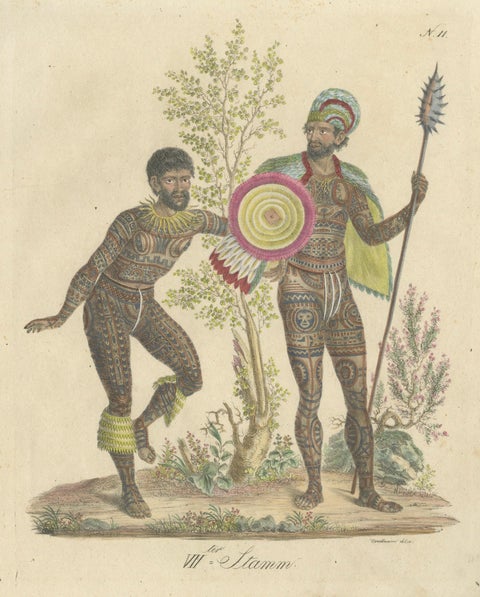 Tribal Tattoos & Warrior Costume, Brodtmann Hand-Colored Lithograph, 1816, close-up 1