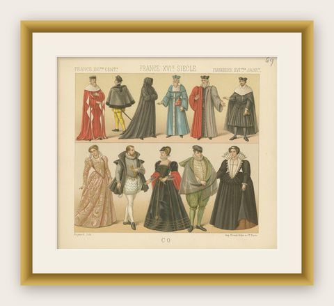 Pl. 69 Antique Print of French XVIth Century Costumes by Racinet, circa 1880, shown framed