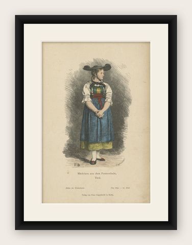 Antique Costume Print of a Girl from Val Pusteria, Tyrol, c.1880, shown framed