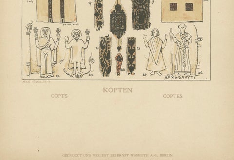Antique Coptic Costume and Textile Plate, Hand-Colored Print c.1880, close-up 2