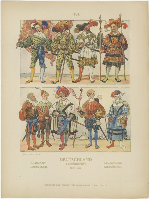 German Renaissance & Landsknecht Costumes 1500s, Set of 6 Antique Prints, 1880, view 6