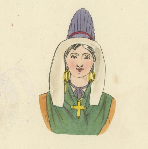Traditional Head Dresses of Dieppe, France, Costume Study, 1823, close-up 1