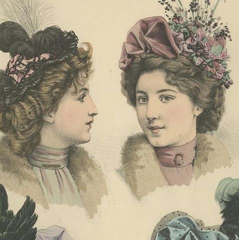 Pl. 3220 Antique Fashion Print of Ladies with Hats, 'C.1895', close-up 2