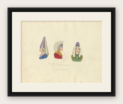 Traditional Head Dresses of Dieppe, France, Costume Study, 1823, shown framed
