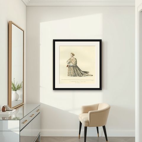 Bianca Maria, Countess of Cellant, 15th Century Italian Costume by Mercuri 1861, shown framed in a room